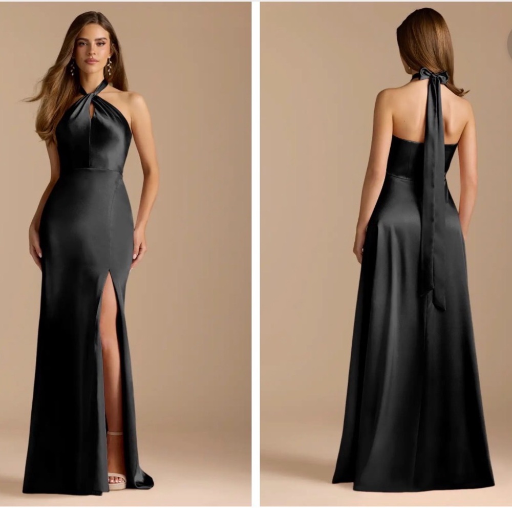 Azazie Black Satin Halter Maxi Dress (Tracie)